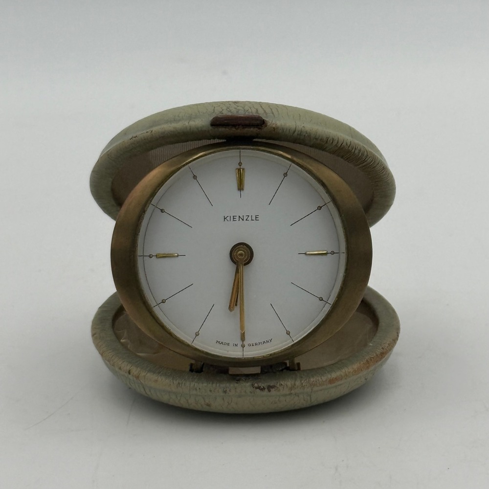 Vintage Kienzle Travel Alarm Clock Made in Germany Green Clamshell Case Brass